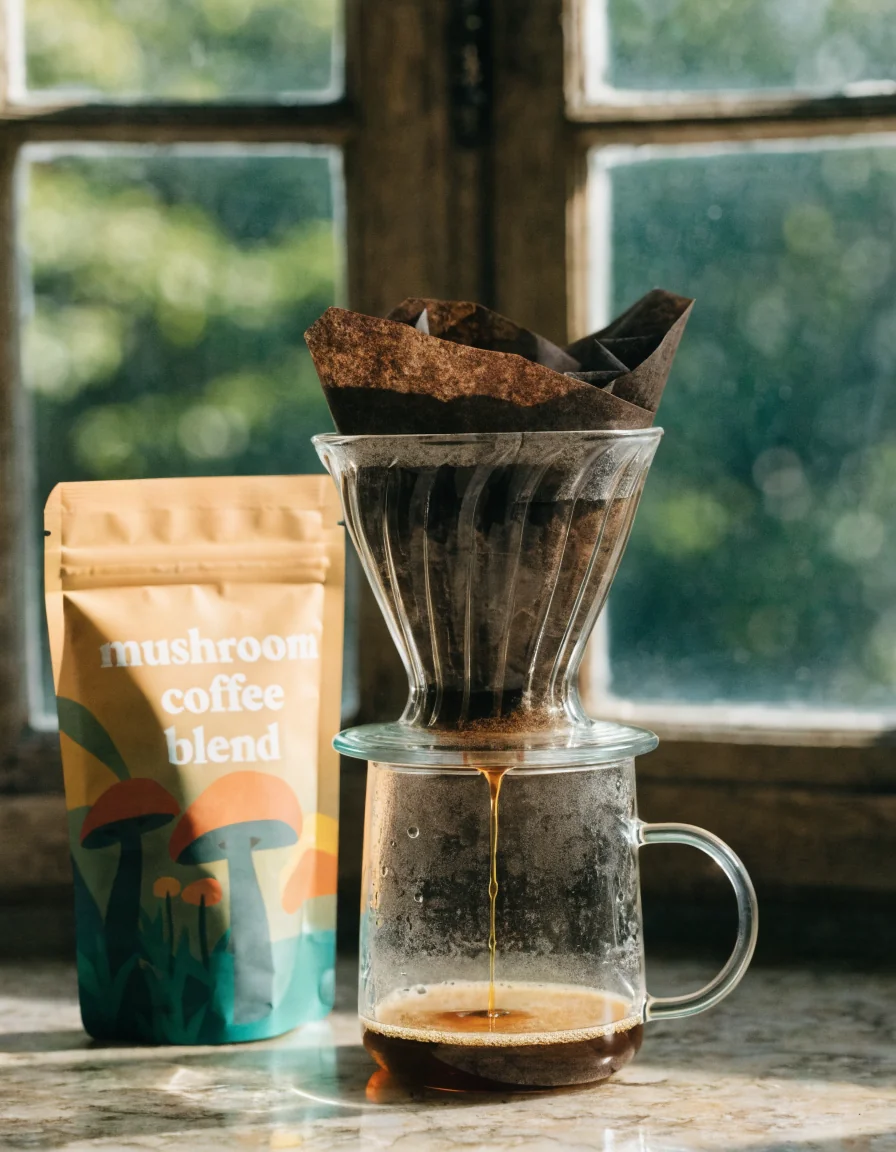 Pella Mushroom Coffee brewing and ingredients