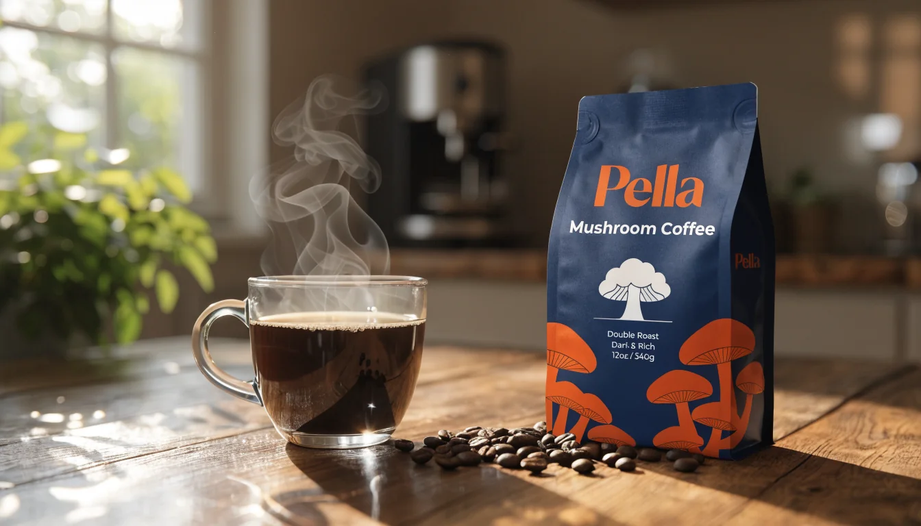 Pella Mushroom Coffee cup and bag in warm morning light